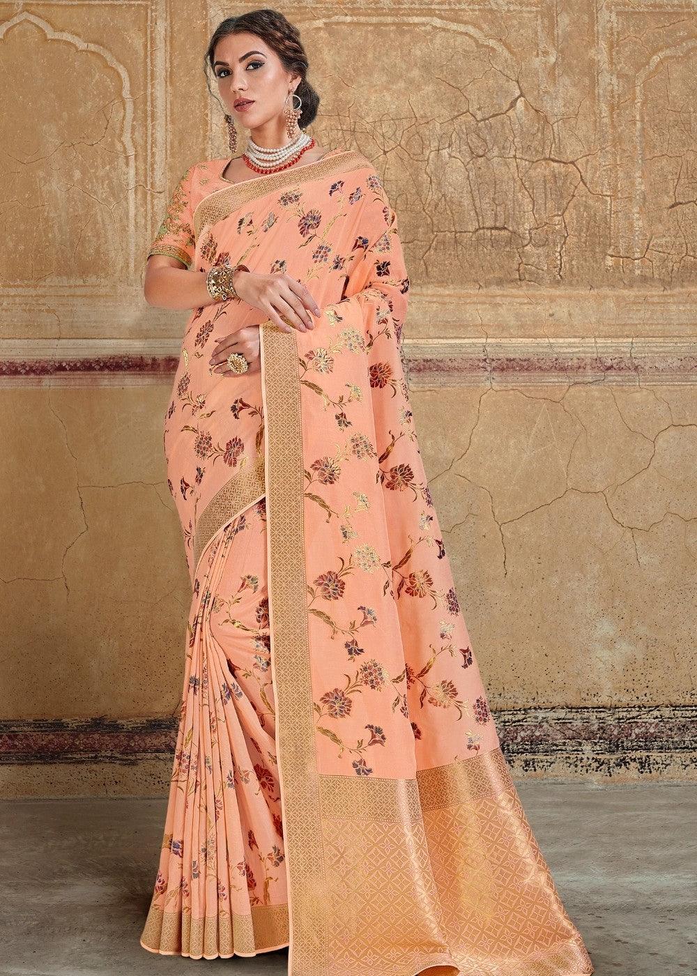 Peach Pink Woven Silk Saree | Stitched Blouse - qivii