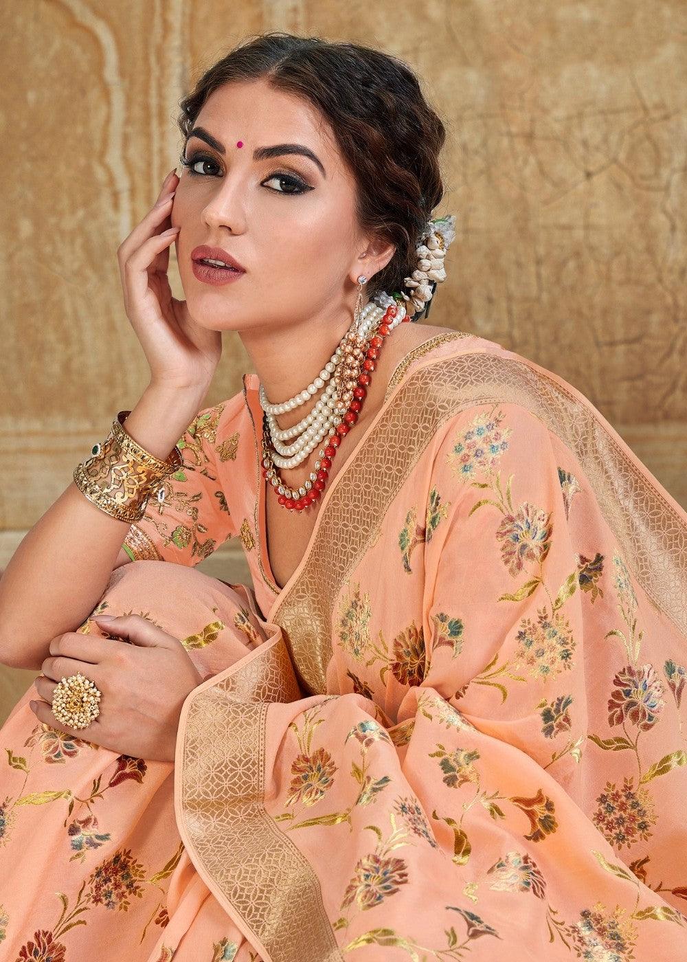 Peach Pink Woven Silk Saree | Stitched Blouse - qivii