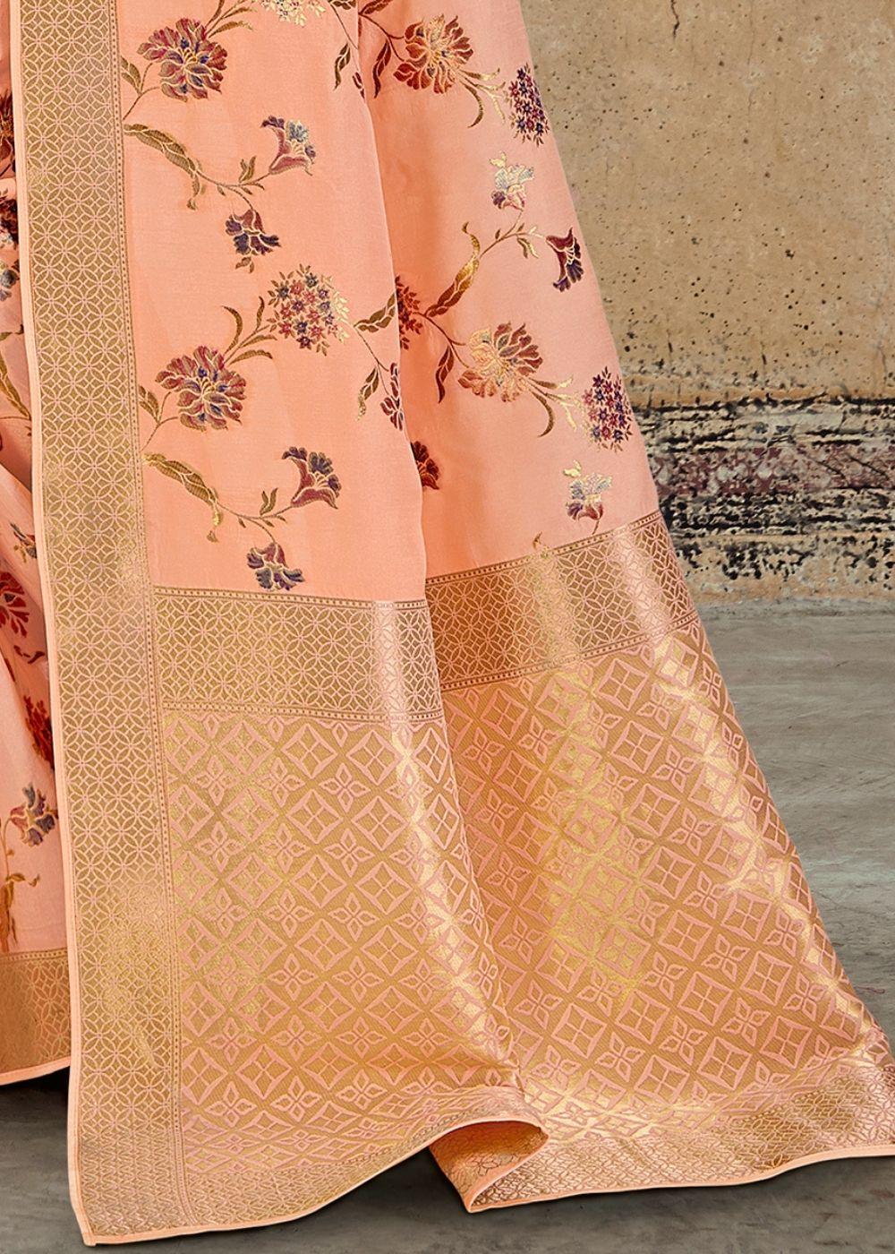 Peach Pink Woven Silk Saree | Stitched Blouse - qivii