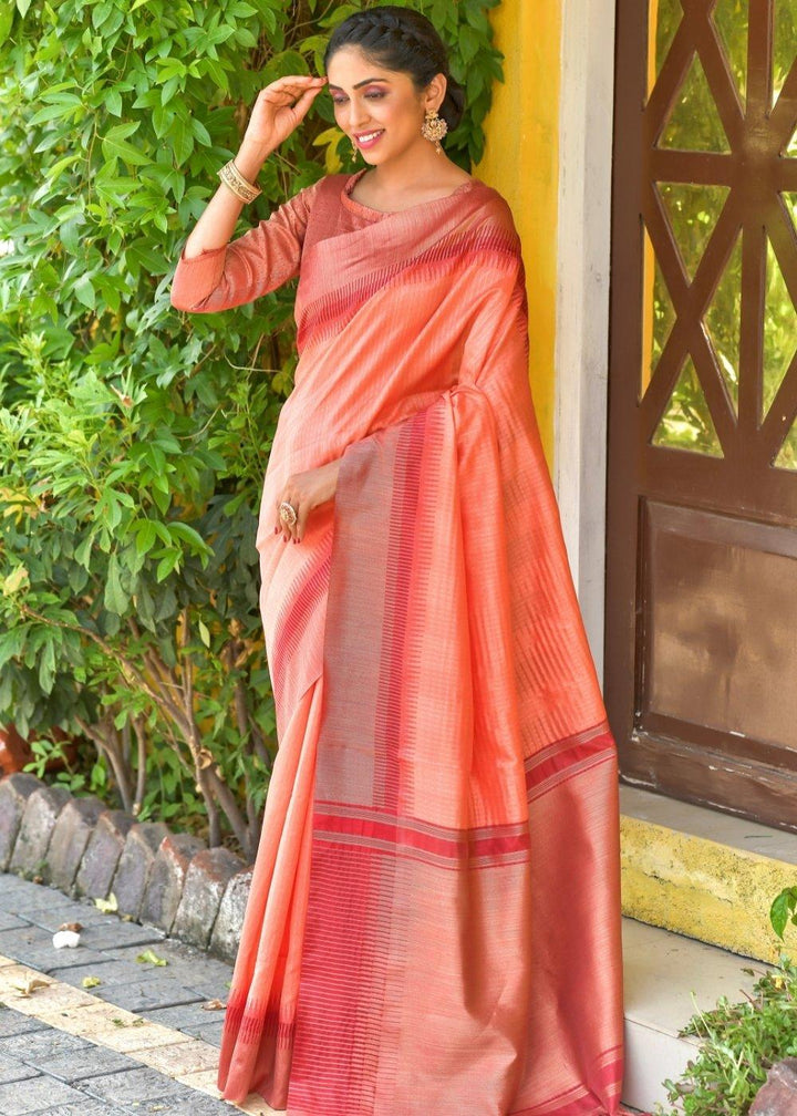 Peach Pink Zari Weaving Silk Saree with Tassels on Pallu | Stitched Blouse - qivii