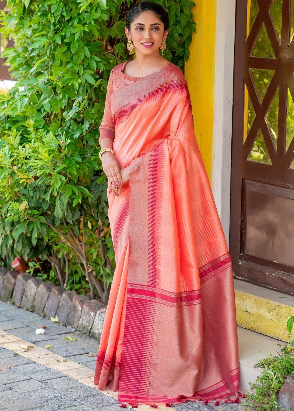 Peach Pink Zari Weaving Silk Saree with Tassels on Pallu | Stitched Blouse - qivii