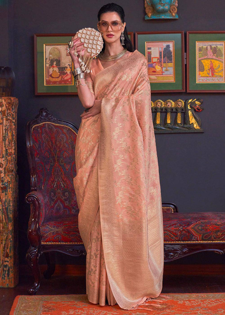 Peach Pink Zari Woven Banarasi Katan Silk Saree | Stitched Blouse - qivii