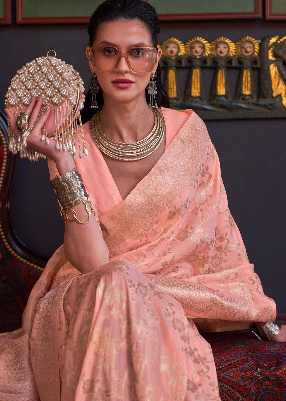 Peach Pink Zari Woven Banarasi Katan Silk Saree | Stitched Blouse - qivii