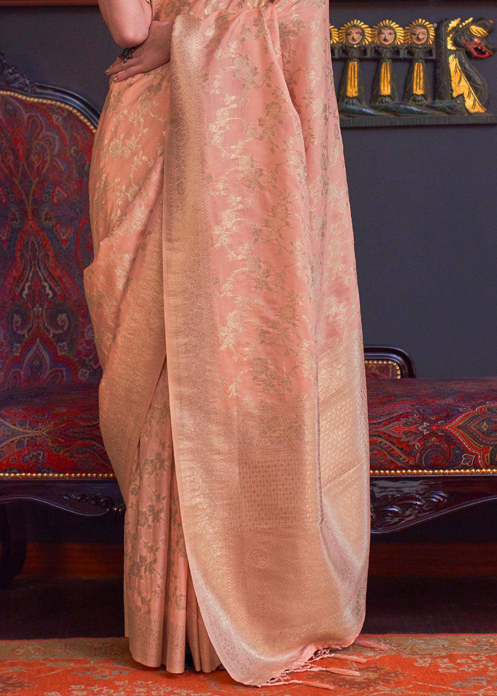 Peach Pink Zari Woven Banarasi Katan Silk Saree | Stitched Blouse - qivii