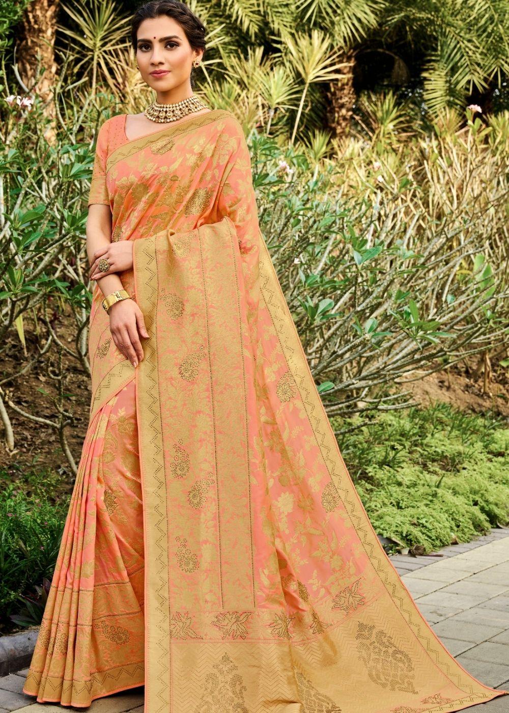 Peach Pink Zari Woven Banarasi Silk Saree | Stitched Blouse - qivii