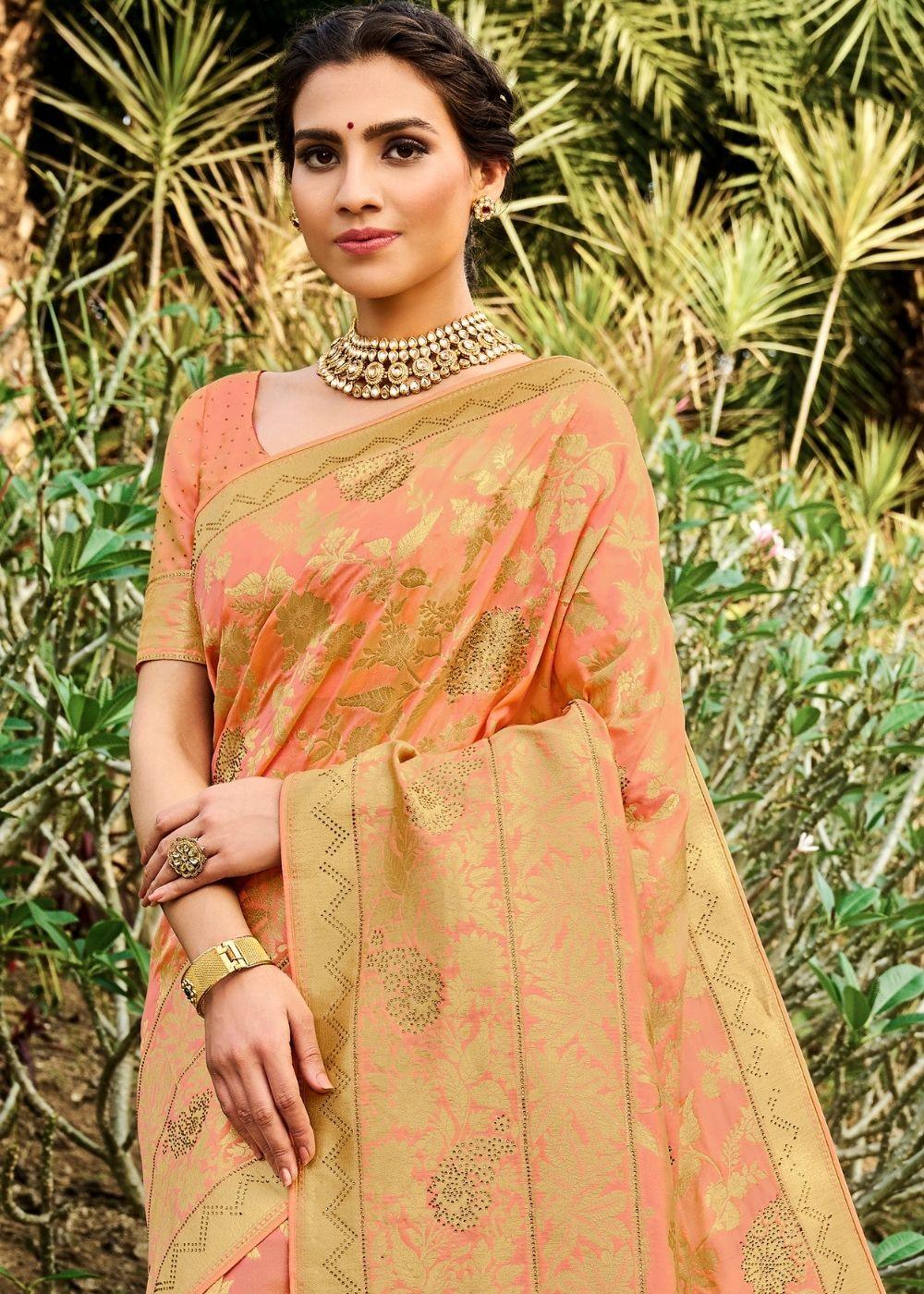 Peach Pink Zari Woven Banarasi Silk Saree | Stitched Blouse - qivii