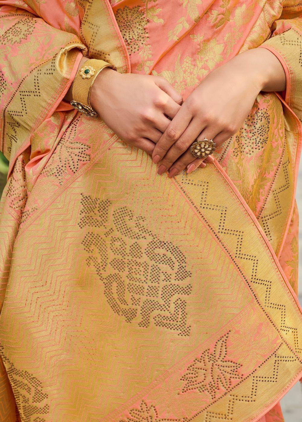 Peach Pink Zari Woven Banarasi Silk Saree | Stitched Blouse - qivii