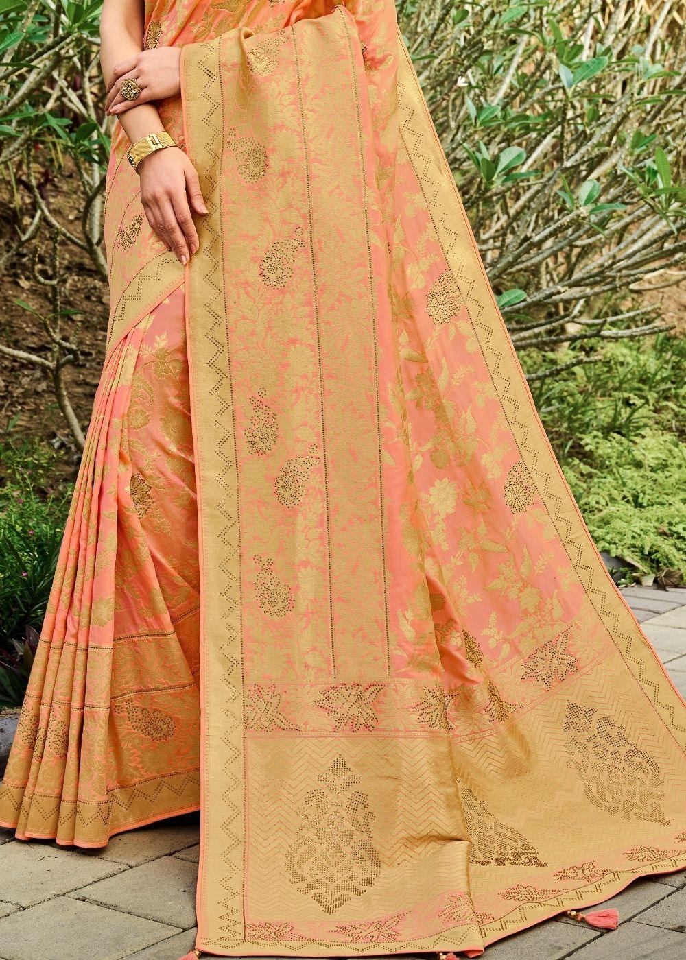 Peach Pink Zari Woven Banarasi Silk Saree | Stitched Blouse - qivii