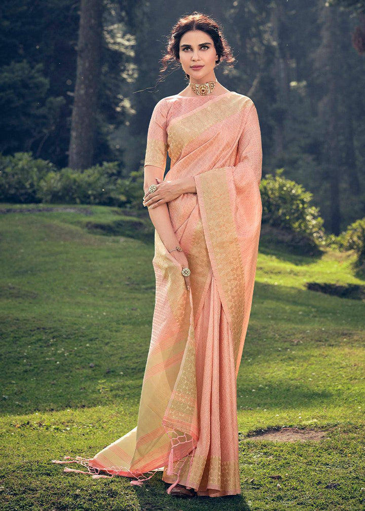 Peach Pink Zari Woven Tissue Silk Saree | Stitched Blouse - qivii