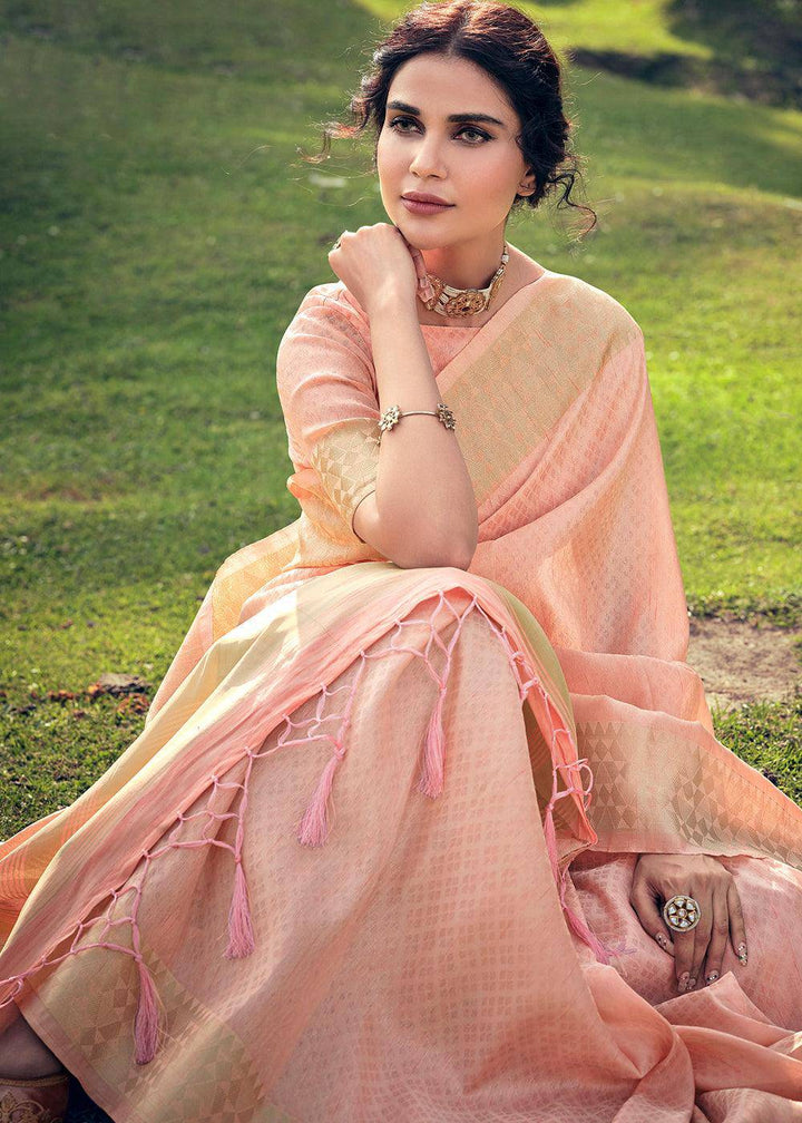 Peach Pink Zari Woven Tissue Silk Saree | Stitched Blouse - qivii