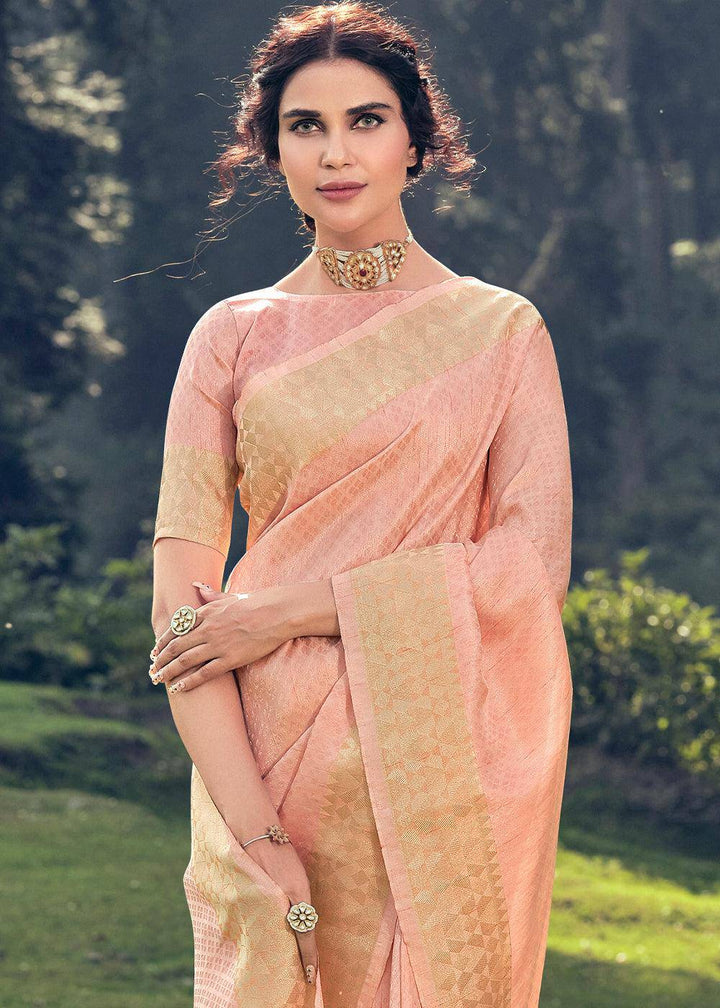 Peach Pink Zari Woven Tissue Silk Saree | Stitched Blouse - qivii