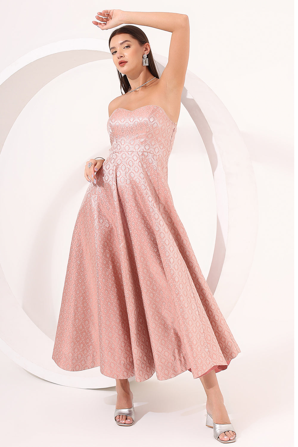 Peach Strapless Brocade Anarkali Gown