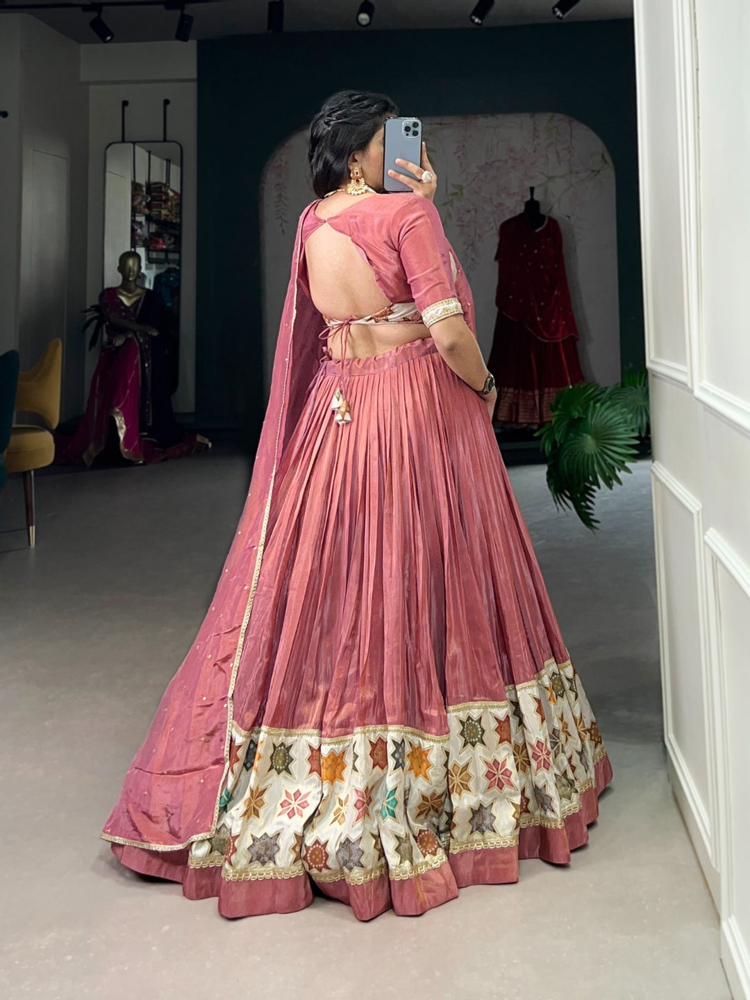 Peach Pure Shimmer Plain And Printed With Lace Touch Up Lehenga