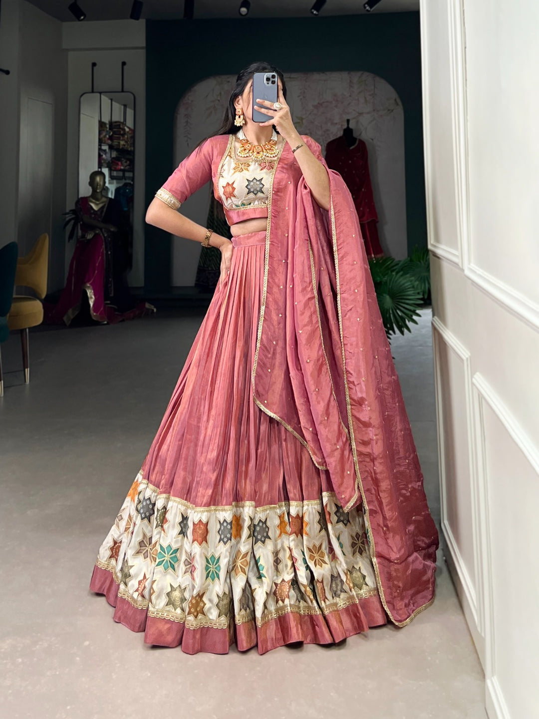 Peach Pure Shimmer Plain And Printed With Lace Touch Up Lehenga