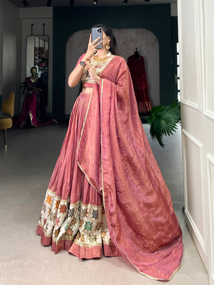 Peach Pure Shimmer Plain And Printed With Lace Touch Up Lehenga