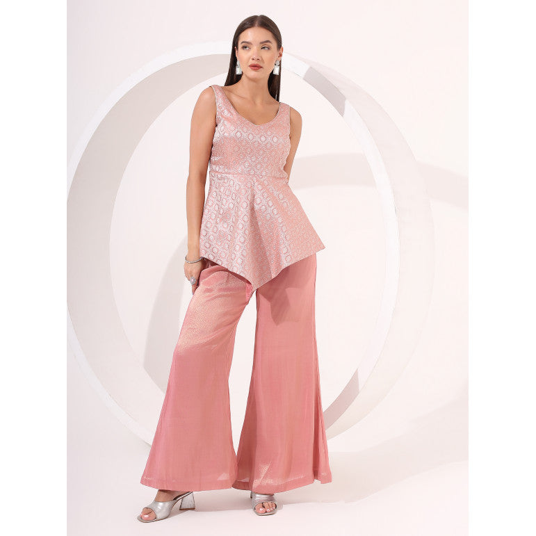 Peach Ayssmetrical Brocade Peplum Set - qivii