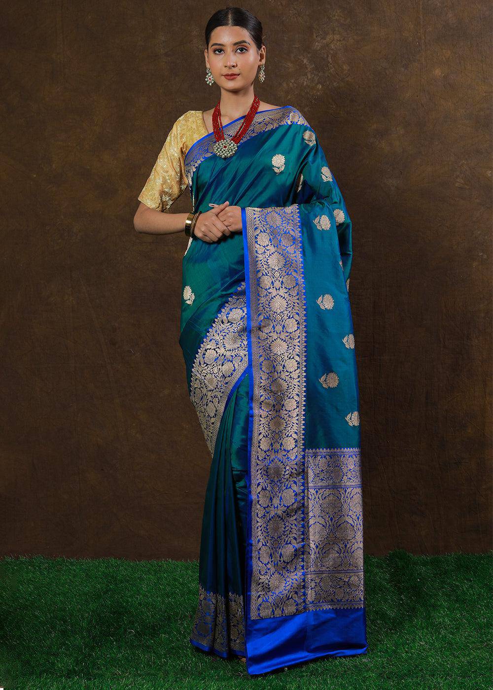 Peacock Blue Hand Woven Pure Katan Silk Saree | Stitched Blouse - qivii