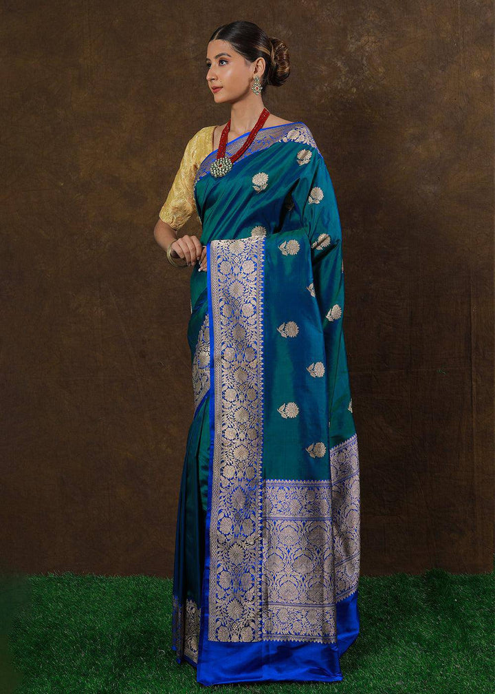 Peacock Blue Hand Woven Pure Katan Silk Saree | Stitched Blouse - qivii