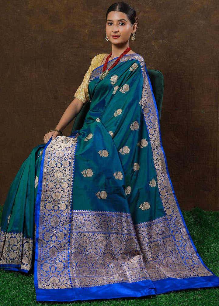 Peacock Blue Hand Woven Pure Katan Silk Saree | Stitched Blouse - qivii