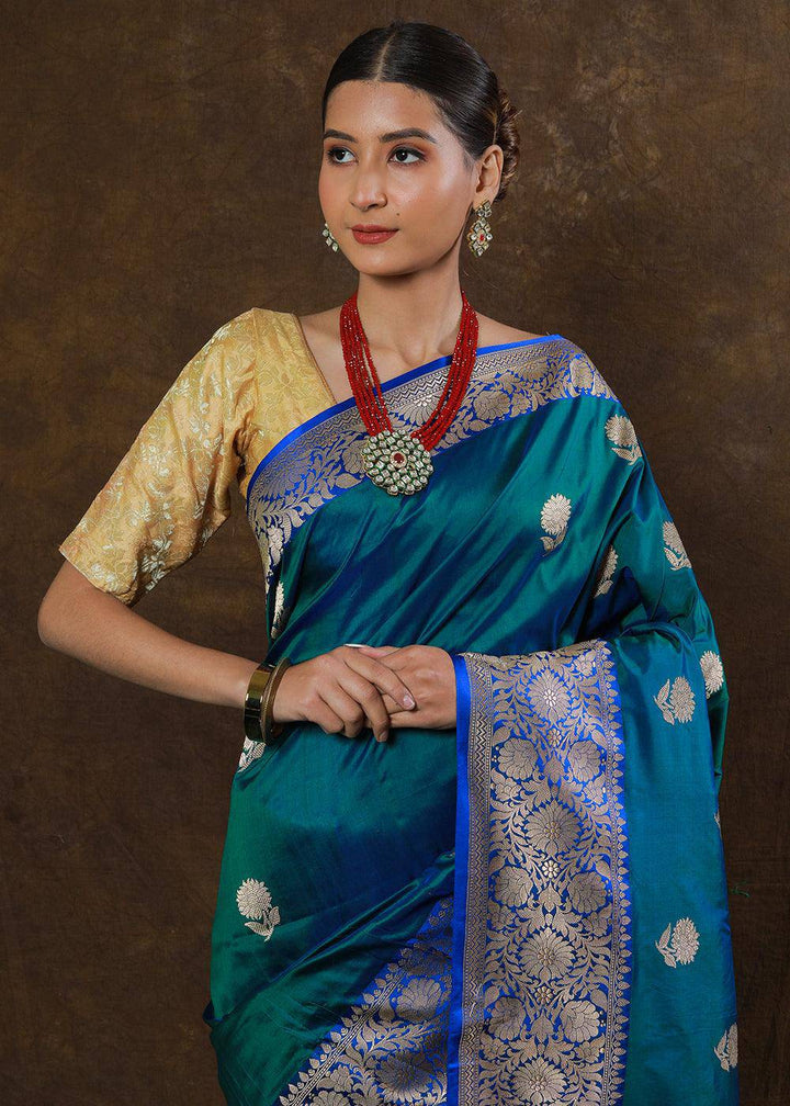 Peacock Blue Hand Woven Pure Katan Silk Saree | Stitched Blouse - qivii