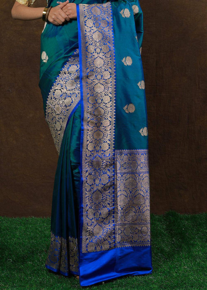 Peacock Blue Hand Woven Pure Katan Silk Saree | Stitched Blouse - qivii