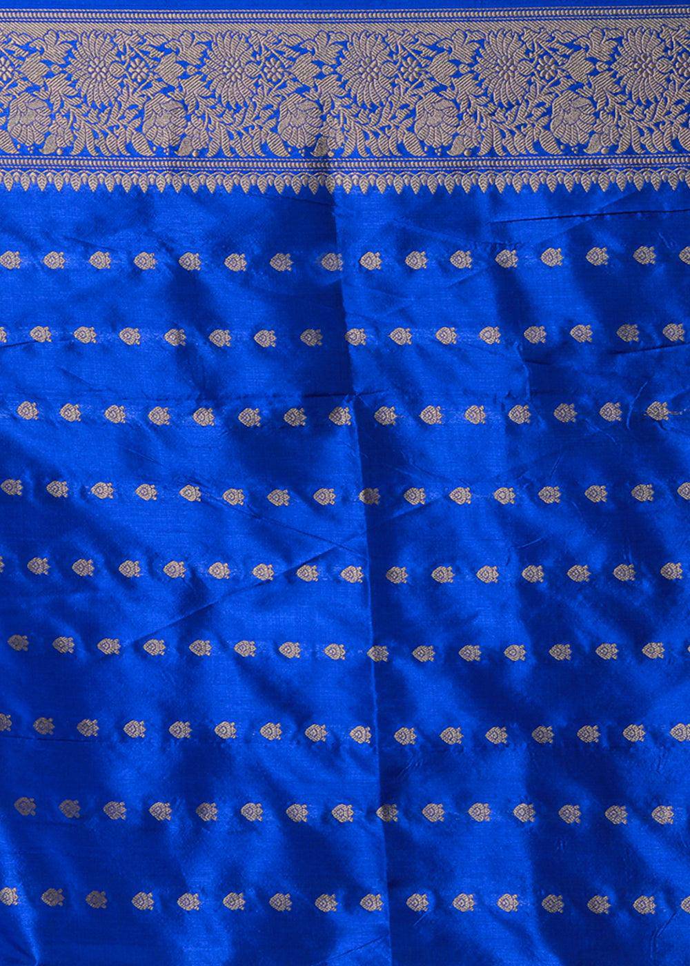 Peacock Blue Hand Woven Pure Katan Silk Saree | Stitched Blouse - qivii