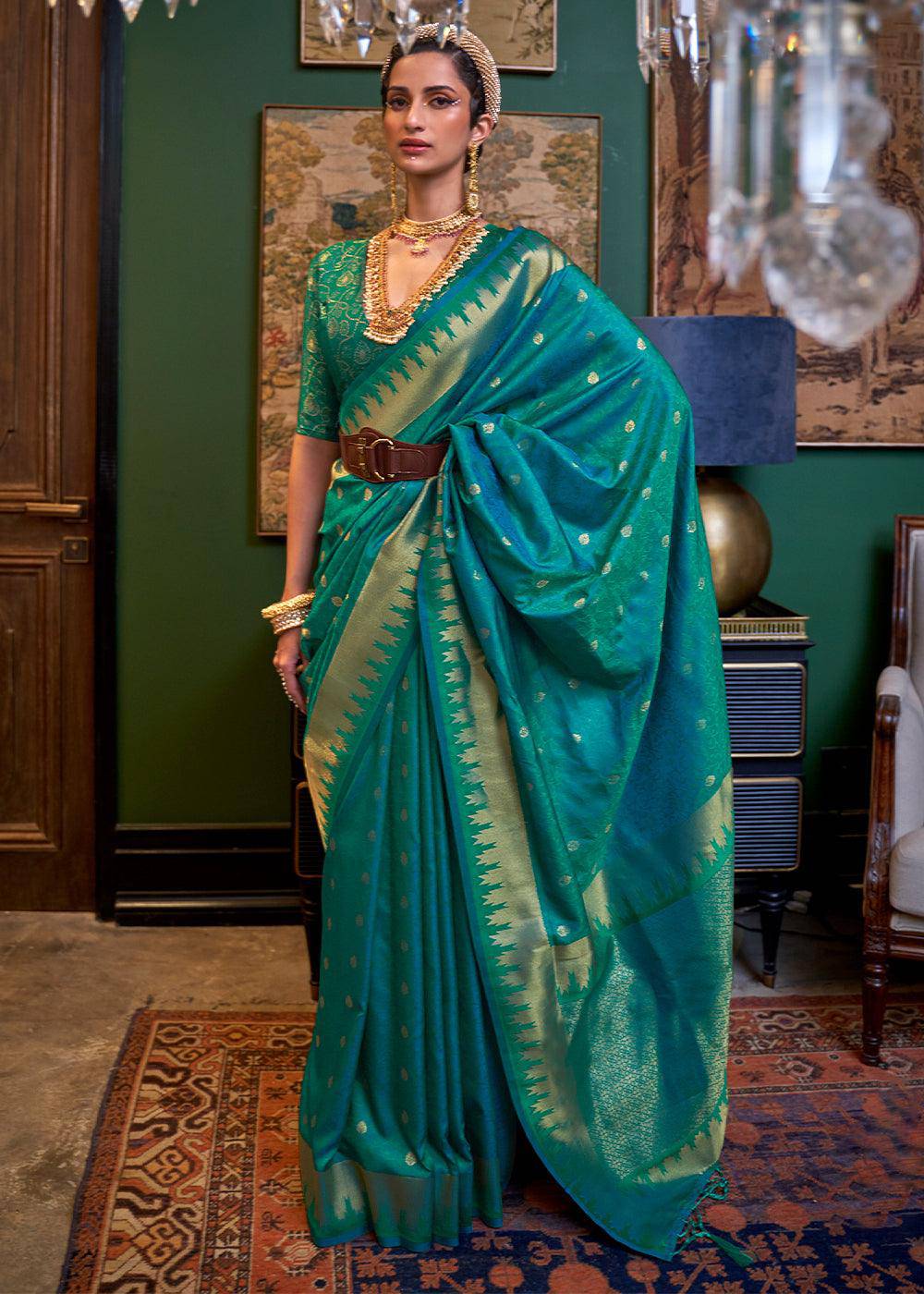 Peacock Blue Handloom Woven Banarasi Silk Saree | Stitched Blouse - qivii