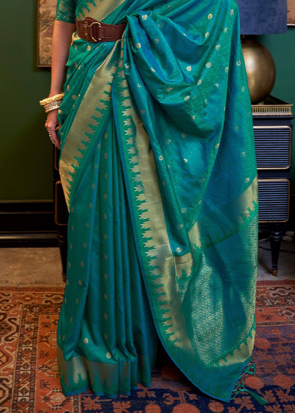 Peacock Blue Handloom Woven Banarasi Silk Saree | Stitched Blouse - qivii