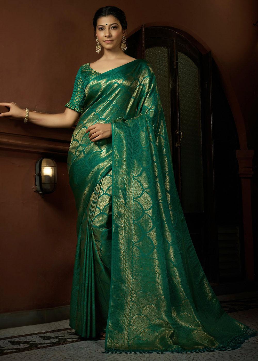 Peacock Green & Golden Blend Woven Kanjivaram Silk Saree | Stitched Blouse - qivii