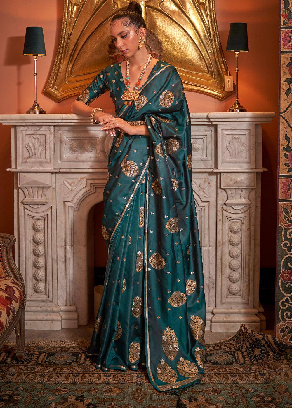 Peacock Green Copper Zari Woven Satin Silk Saree | Stitched Blouse - qivii