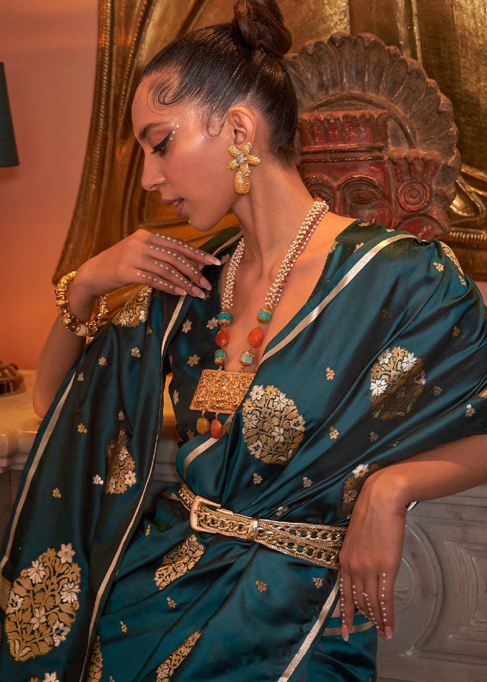 Peacock Green Copper Zari Woven Satin Silk Saree | Stitched Blouse - qivii