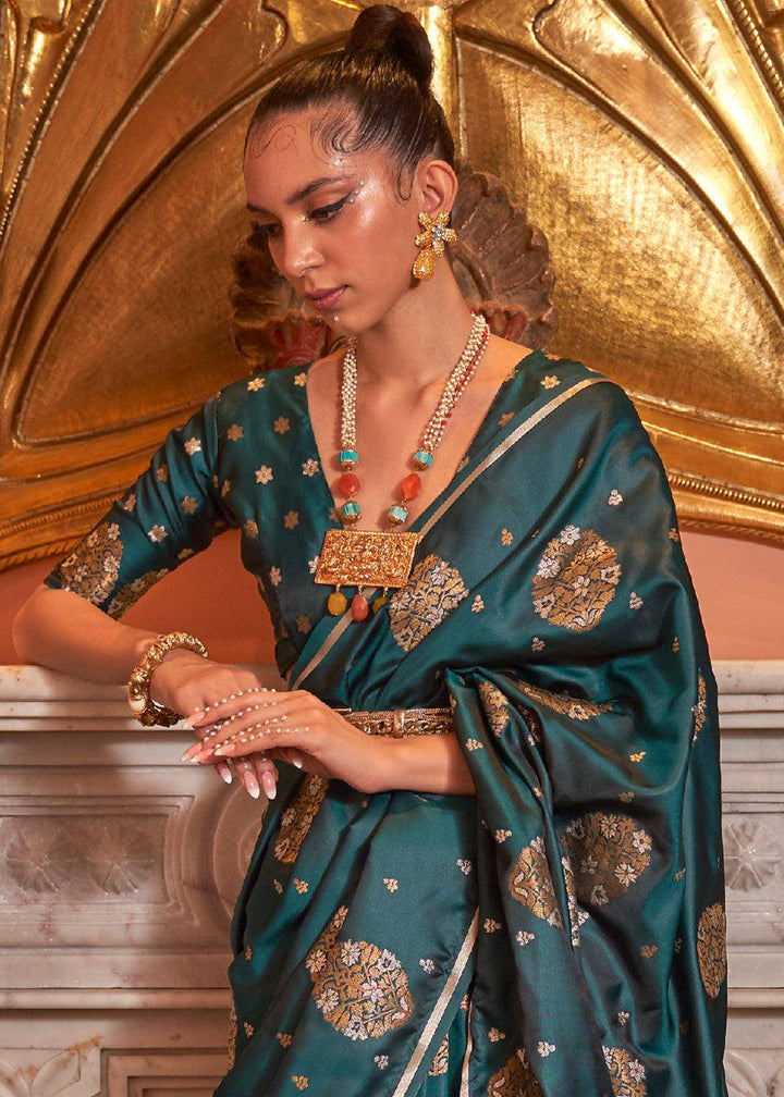 Peacock Green Copper Zari Woven Satin Silk Saree | Stitched Blouse - qivii