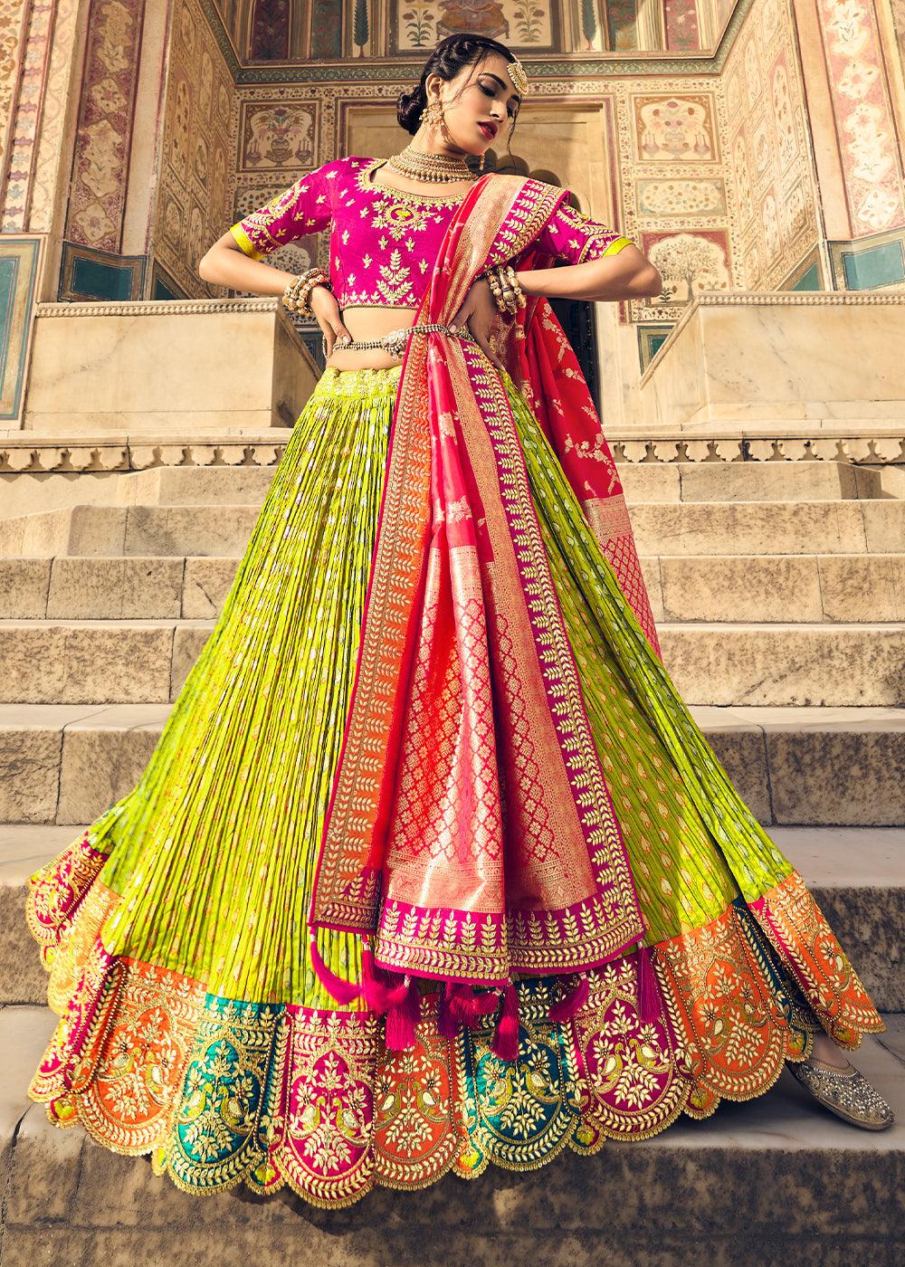 Pear Green Banarasi Silk Lehenga Choli with Heavy Embroidery Work - qivii