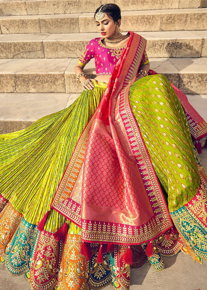 Pear Green Banarasi Silk Lehenga Choli with Heavy Embroidery Work - qivii