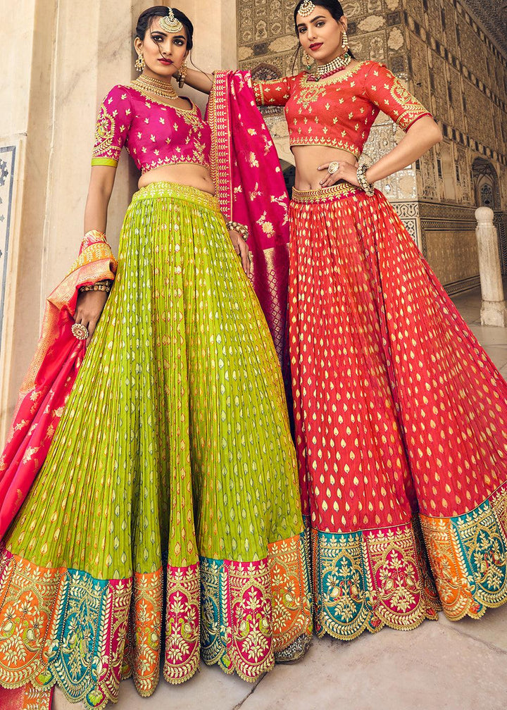 Pear Green Banarasi Silk Lehenga Choli with Heavy Embroidery Work - qivii