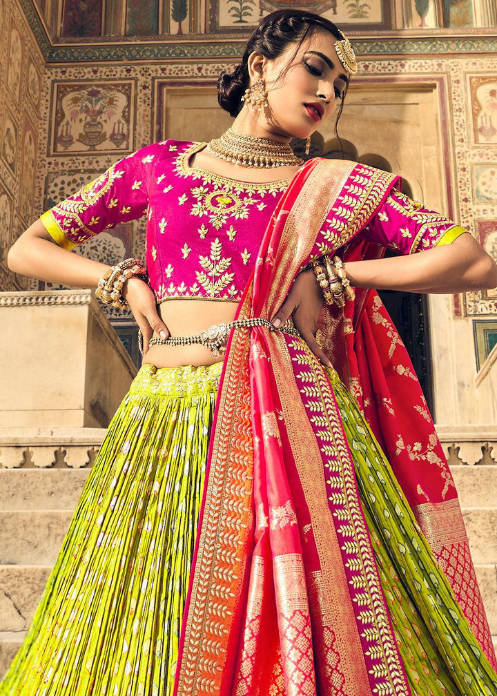 Pear Green Banarasi Silk Lehenga Choli with Heavy Embroidery Work - qivii