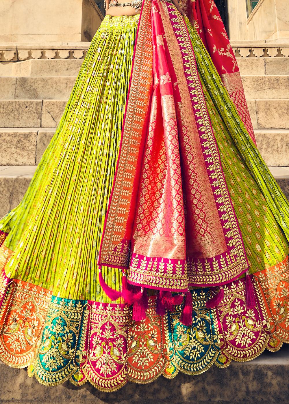 Pear Green Banarasi Silk Lehenga Choli with Heavy Embroidery Work - qivii