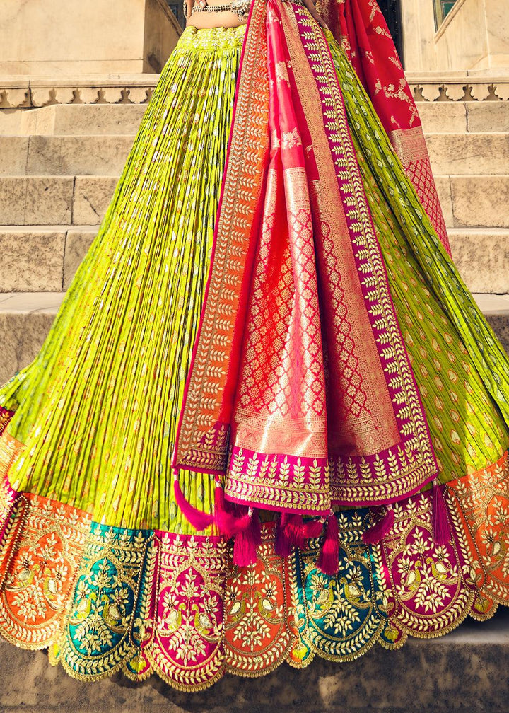 Pear Green Banarasi Silk Lehenga Choli with Heavy Embroidery Work - qivii