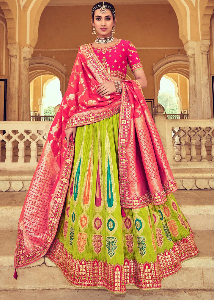 Pear Green Banarasi Silk Lehenga Choli with Khatli and Heavy Embroidered work - qivii