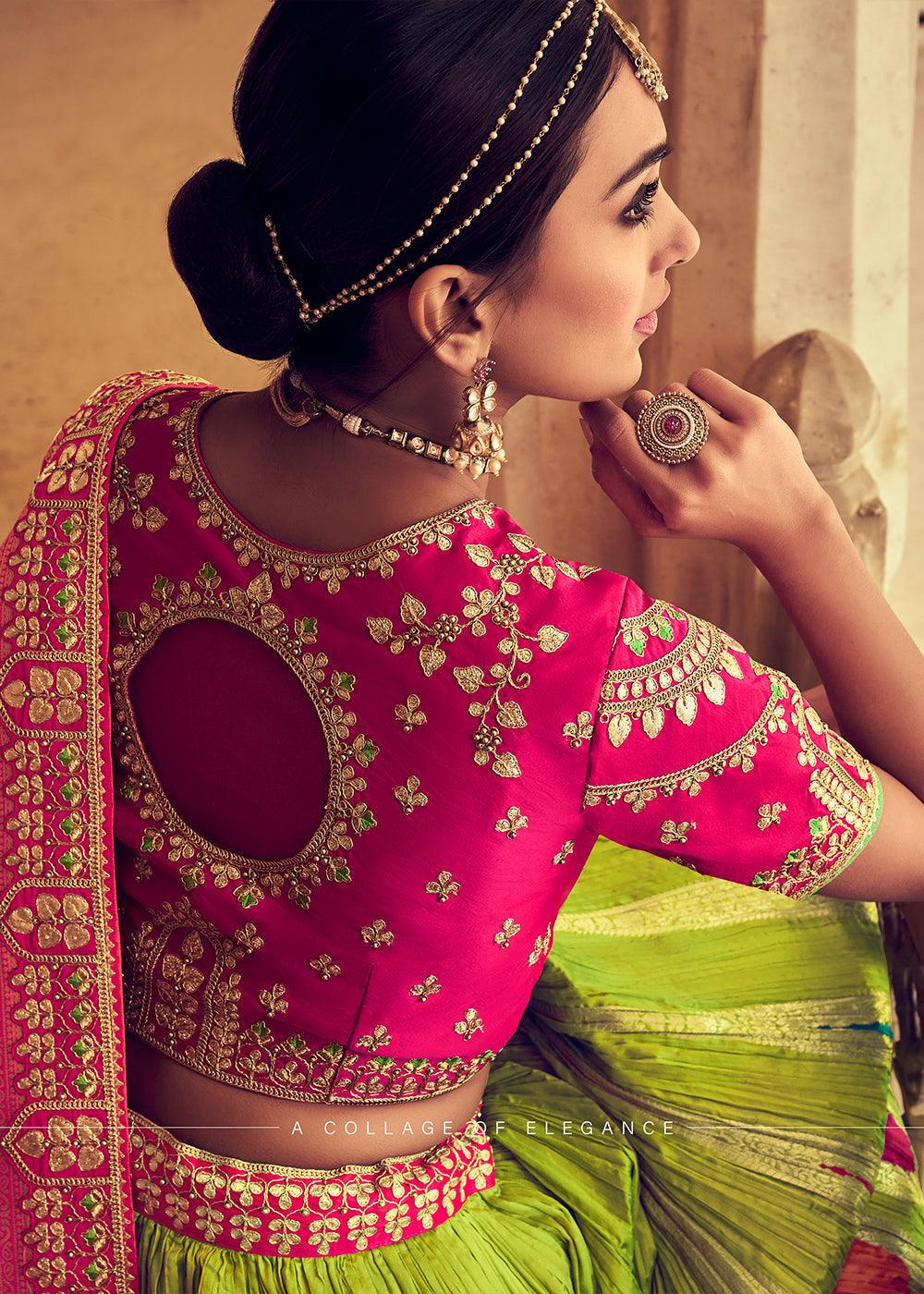 Pear Green Banarasi Silk Lehenga Choli with Khatli and Heavy Embroidered work - qivii