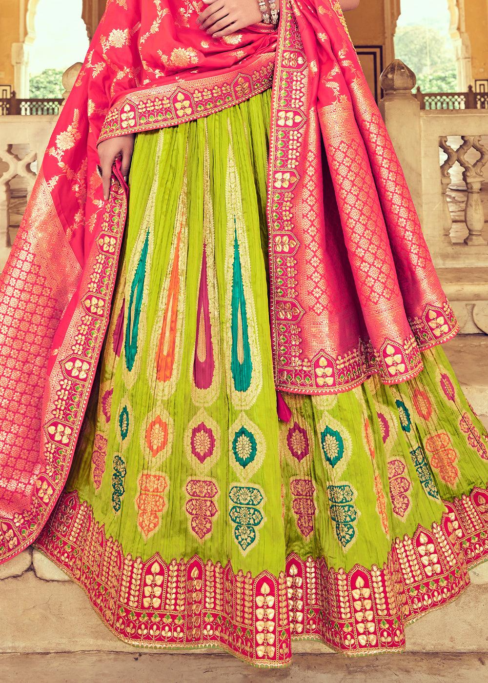 Pear Green Banarasi Silk Lehenga Choli with Khatli and Heavy Embroidered work - qivii