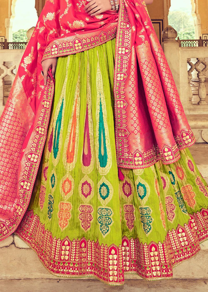 Pear Green Banarasi Silk Lehenga Choli with Khatli and Heavy Embroidered work - qivii