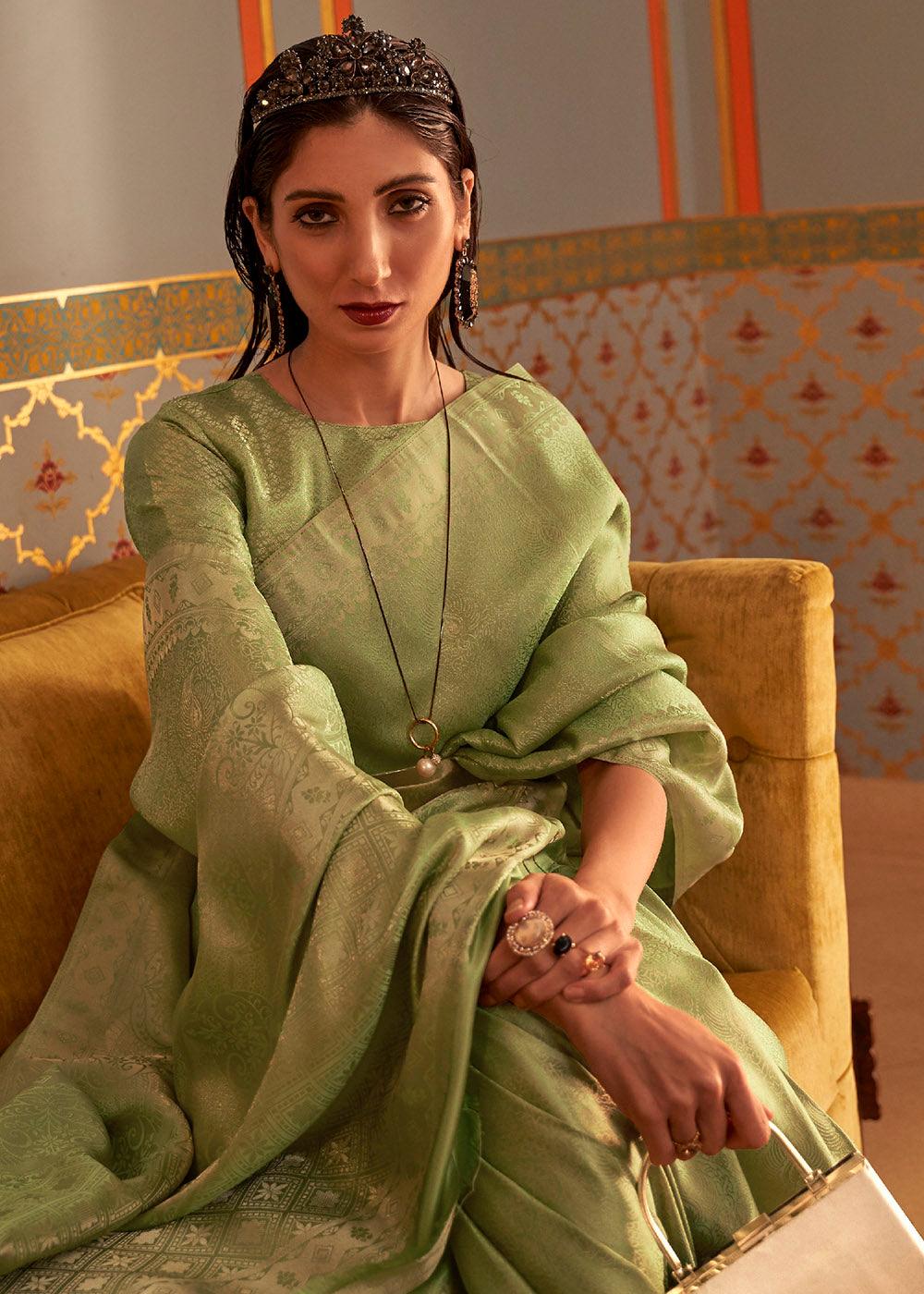 Pear Green Designer Satin Silk Saree | Stitched Blouse - qivii