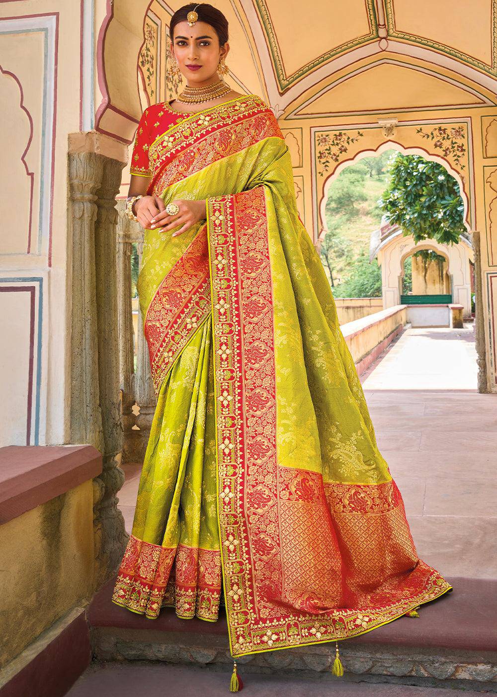 Pear Green Dola Silk Saree with Beautiful Embroidery work: Wedding Edition | Stitched Blouse - qivii