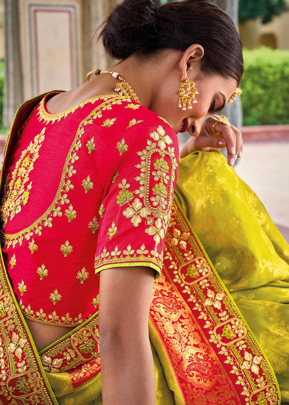 Pear Green Dola Silk Saree with Beautiful Embroidery work: Wedding Edition | Stitched Blouse - qivii