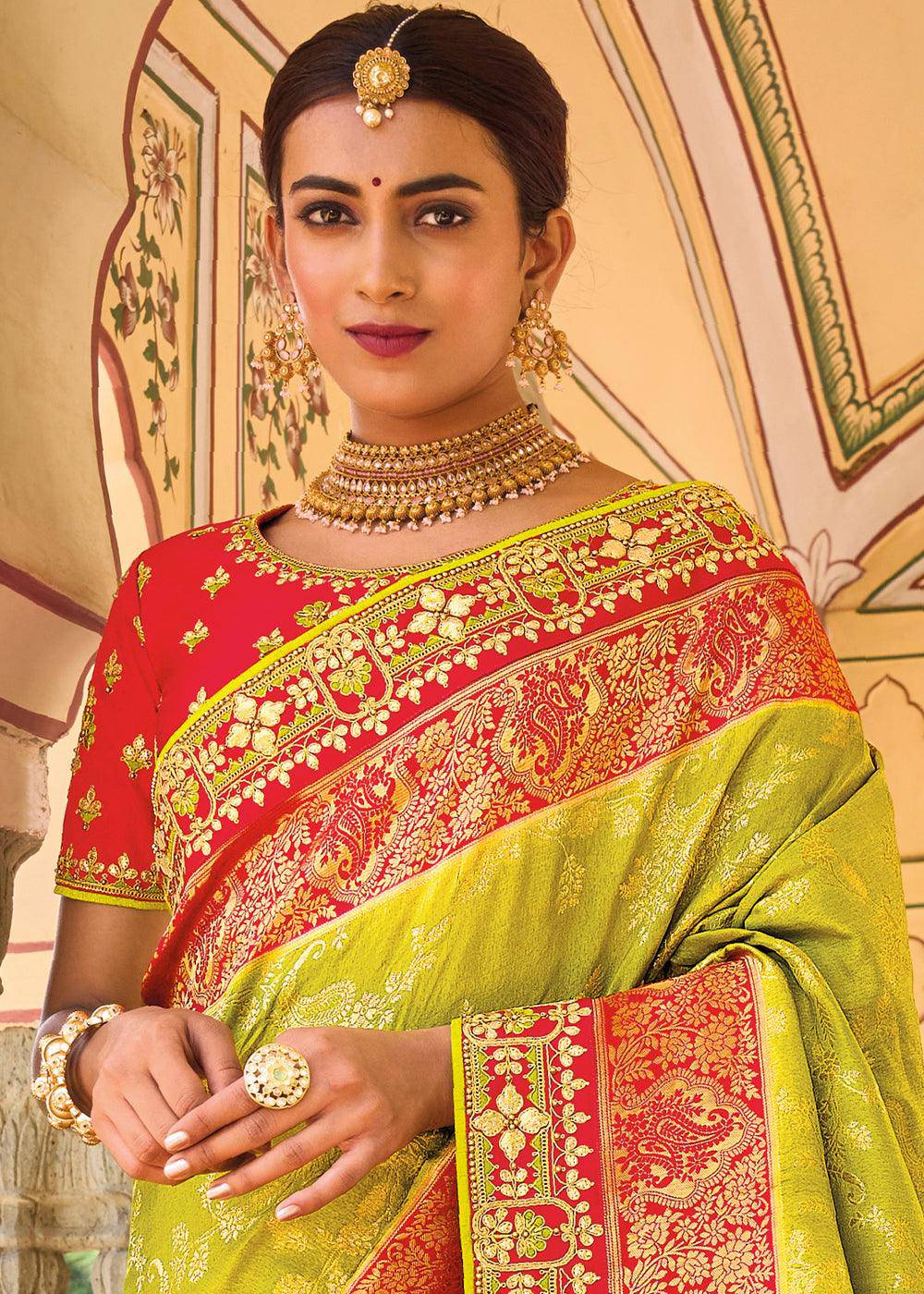 Pear Green Dola Silk Saree with Beautiful Embroidery work: Wedding Edition | Stitched Blouse - qivii