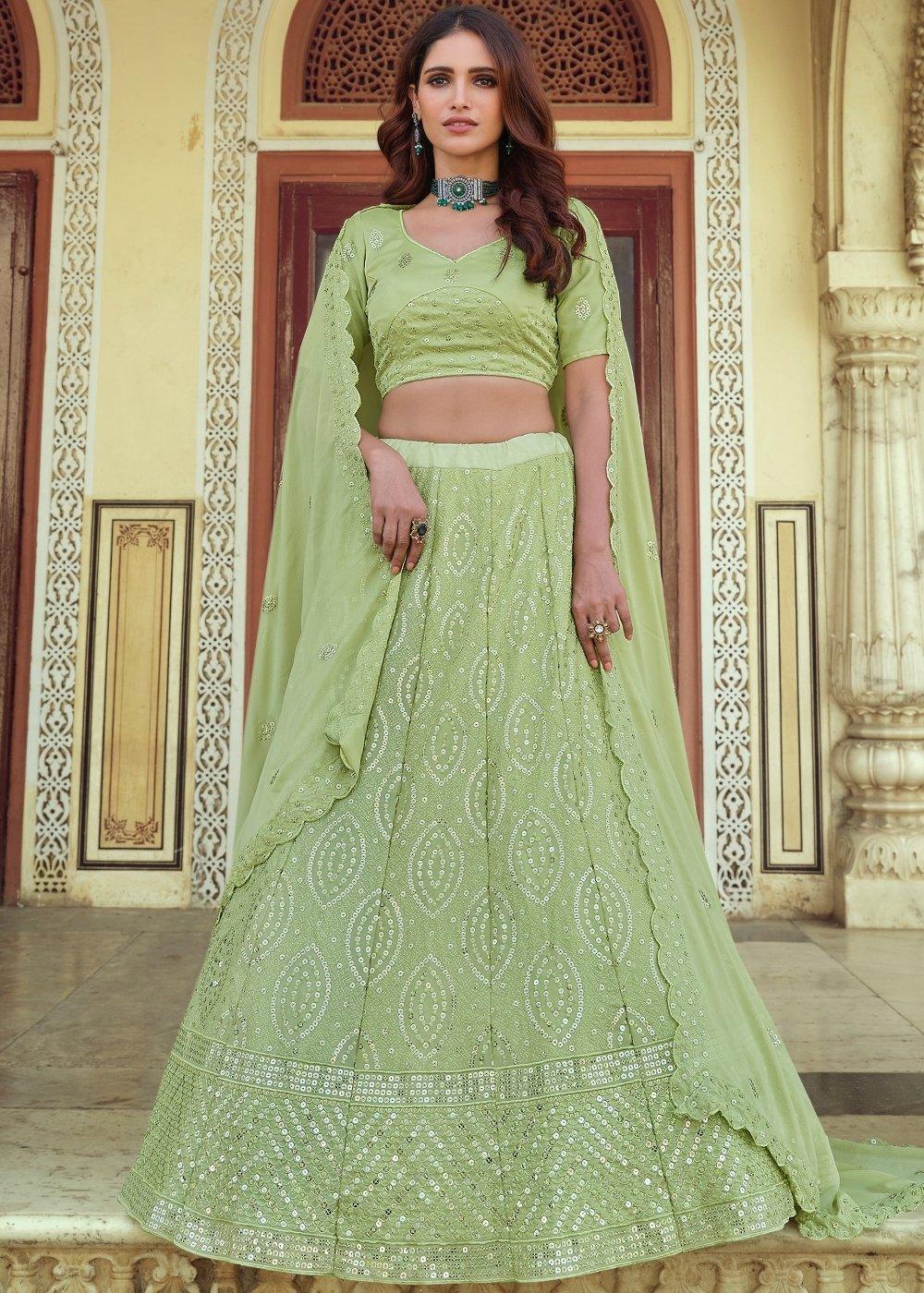 Pear Green Georgette Lehenga Choli with Sequins & Thread work - qivii