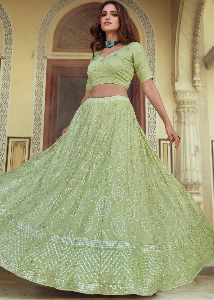 Pear Green Georgette Lehenga Choli with Sequins & Thread work - qivii