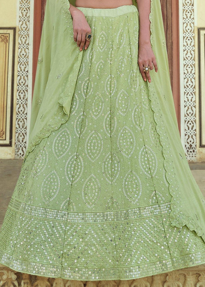 Pear Green Georgette Lehenga Choli with Sequins & Thread work - qivii