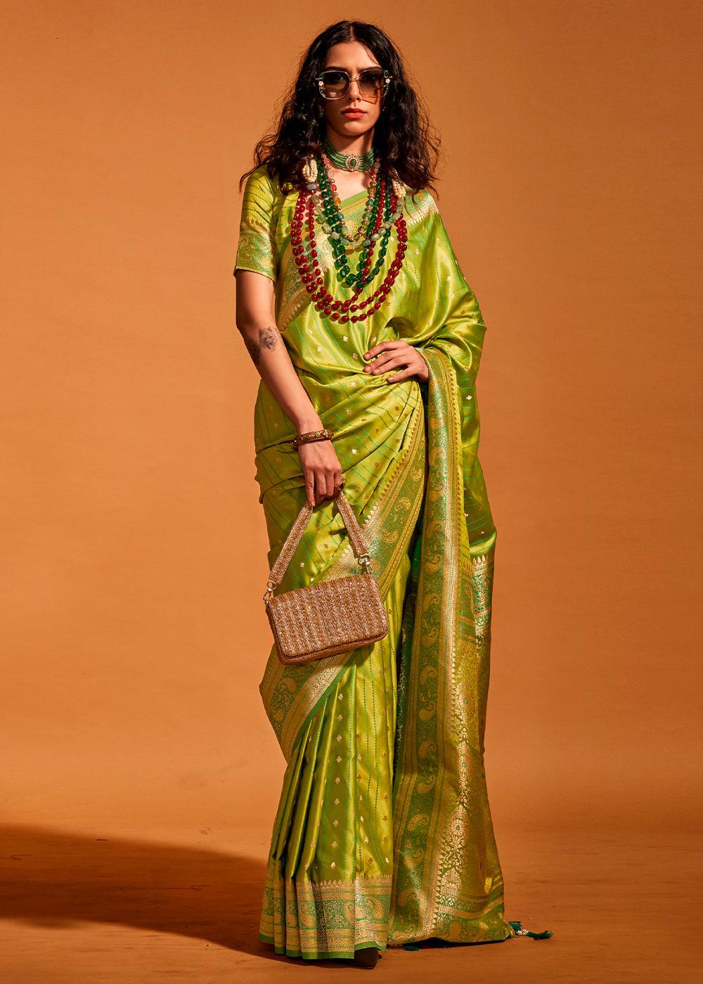 Pear Green Handloom Woven Designer Satin Silk Saree - qivii